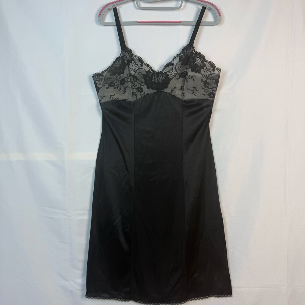 Vintage Victoria's Secret Black Lace V Neck A Line Night Slip Dress Size Small